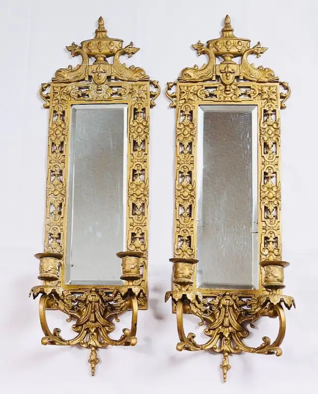 PAIR Antique Brass 'Dolphin' Mirrored Wall Sconces - 2 Feet High628632604892181210