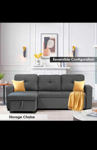 Reversible grey black beige pull out sectional
