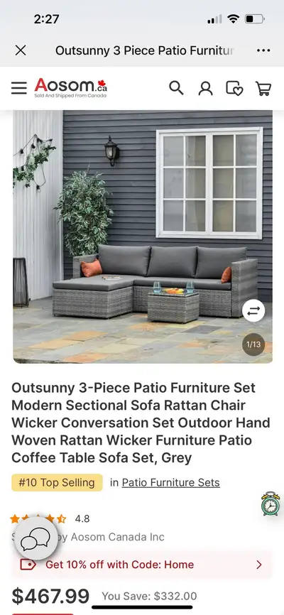 3-Piece Patio Furniture Set Modern Sectional Sofa Rattan Chair W, View more
