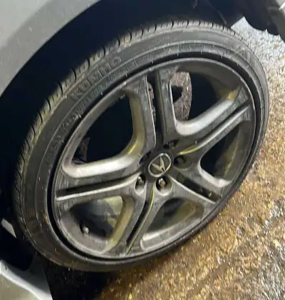 Acura A Spec Wheels, 18 inches on Kumho Tires. Rims have curb rash, 1 rim has slight dent.