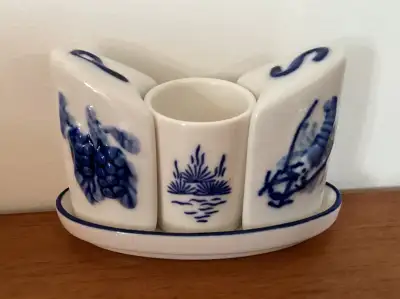 4 Piece Blue/White Porcelain Salt Pepper Toothpick Holder Plate, View more
