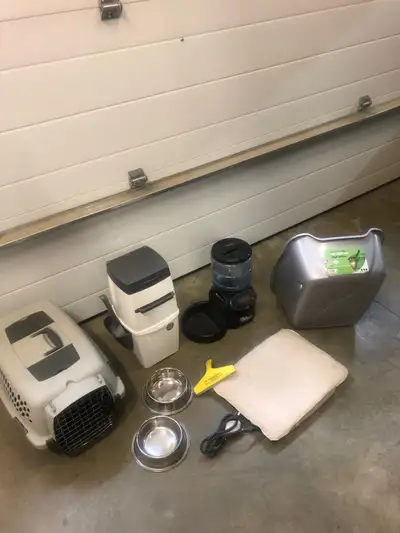 Cat carrier , litter locker, electric feeder, litter pan, electric pad, food & water bowls , pet hai...