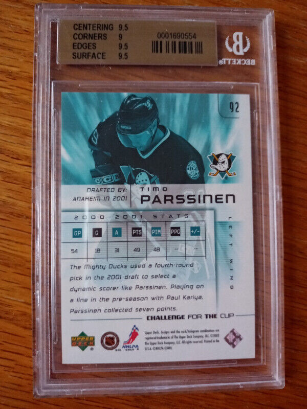 2001-02 UPPER DECK Up And Comers TIMO PARSSINEN CARD #92 BGS 9.5 in Arts & Collectibles in St. Catharines - Image 3
