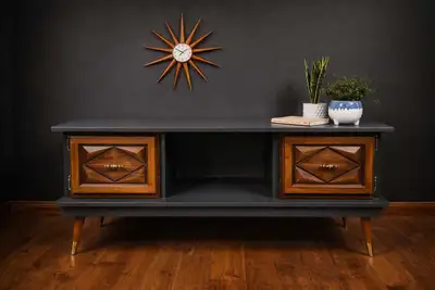 Mid-Century Modern TV Console • Black and Walnut, View more