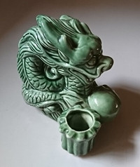 Vintage Green  Ceramic Celestial Dragon Statue Candle Holder