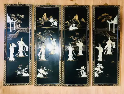 Vintage Chinese mother of pearl wall plaques, View more