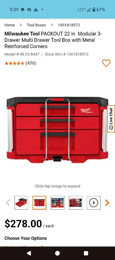 This Milwaukee PACKOUT 22-inch modular tool box features a 3-drawer design with metal reinforced cor...
