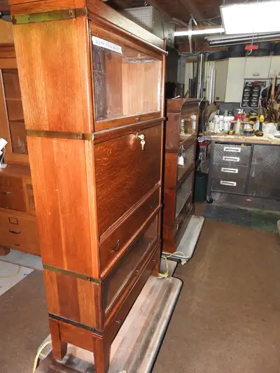 antique  oak barrister bookcase with secretary desk and drawers, View more