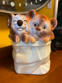 Vintage Ceramic Koala Bear and Lion Cub Paper Bag Cookie Jar