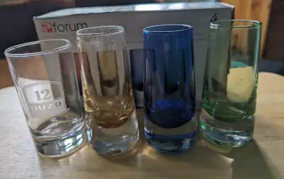 A set of 3 assorted Shot Glasses made by Anglo-Canadian Housewares in Quebec a.8 oz capacity, heavy...