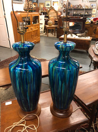 Massive vintage MCM blue glazed ceramic lamps 