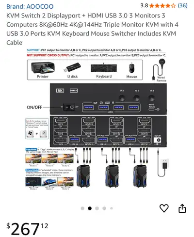 KVM Switch 2 Displayport + HDMI USB 3.0 3 Monitors 3 Computers, View more