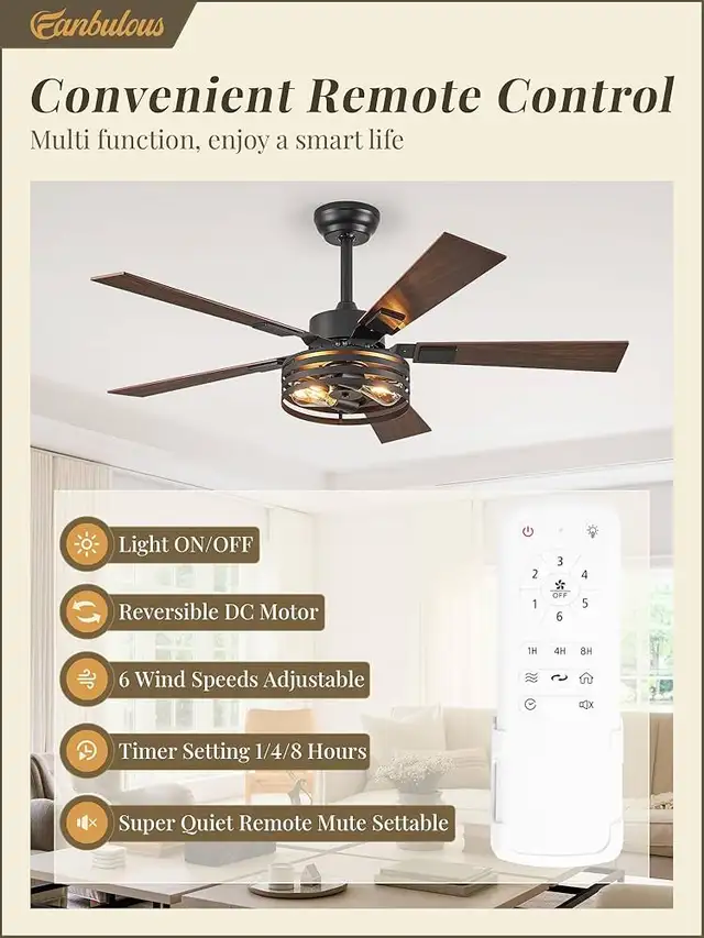 AFarmhouse Caged Ceiling Fans with Lights and Remote, 48 Inch in Indoor Lighting & Fans in Mississauga / Peel Region - Image 3