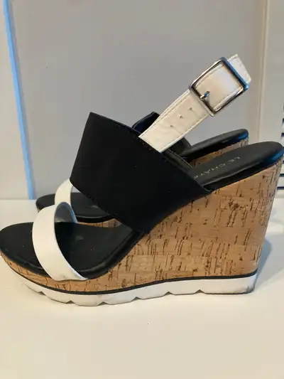 Cork Wedge, 4” platform heel. Size 8. Black/white/cork colour, View more