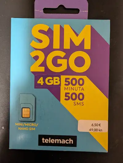 SIM2GO 4GB 500 min 500 SMS Telemach mini/micro/nano SIM card for tourists - NEW! in original package...