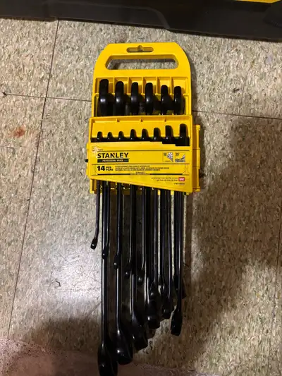 This is a brand-new Stanley 14-piece professional-grade black chrome wrench set in its original stor...