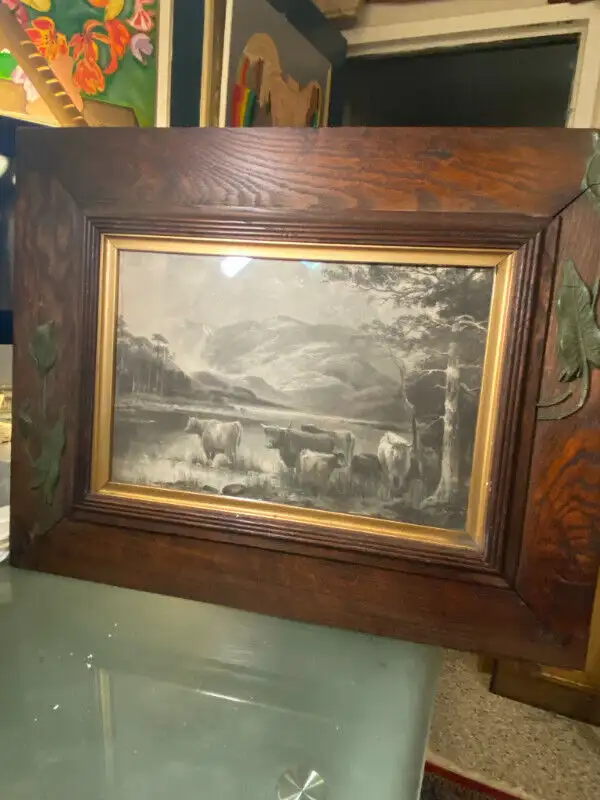 ANTIQUE WOOD  FRAME  COW BLACK AND WHITE COWS SCENE . in Arts & Collectibles in Vancouver - Image 9