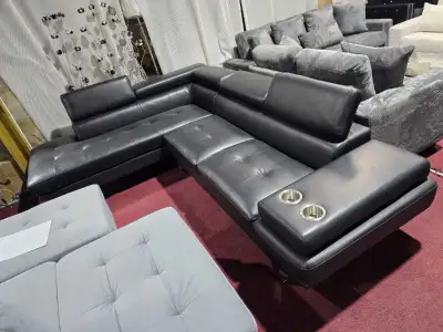 Black Leather L Shaped Sectional with Cupholders Modern Design, View more