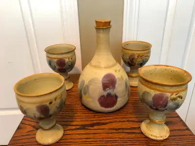 Vintage Cranberry Pottery Decanter Set Made in Powell River BC Decanter 9"H X 6"D & Goblets 5 1/4"H...