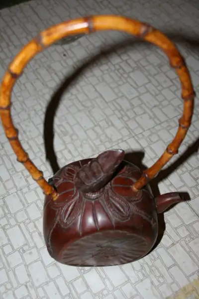 ANTIQUE CHINESE BAMBOO TEA POT with BAMBOO HANDLE and Symbol, View more