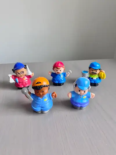 Set of five vintage Little People figures. Includes a mechanic with a wrench, a person with a paint...