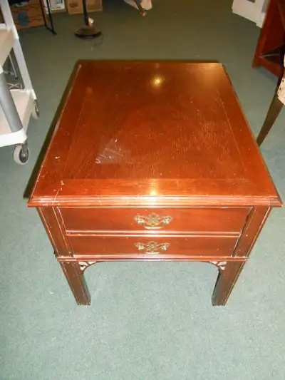 Cherry veneer end table with 1 drawer has some marks, View more
