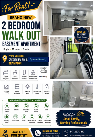 Brand New 2 Bedroom LEGAL Walk-Out Basement for Rent – Brampton West Prime Location: Credit view Rd...