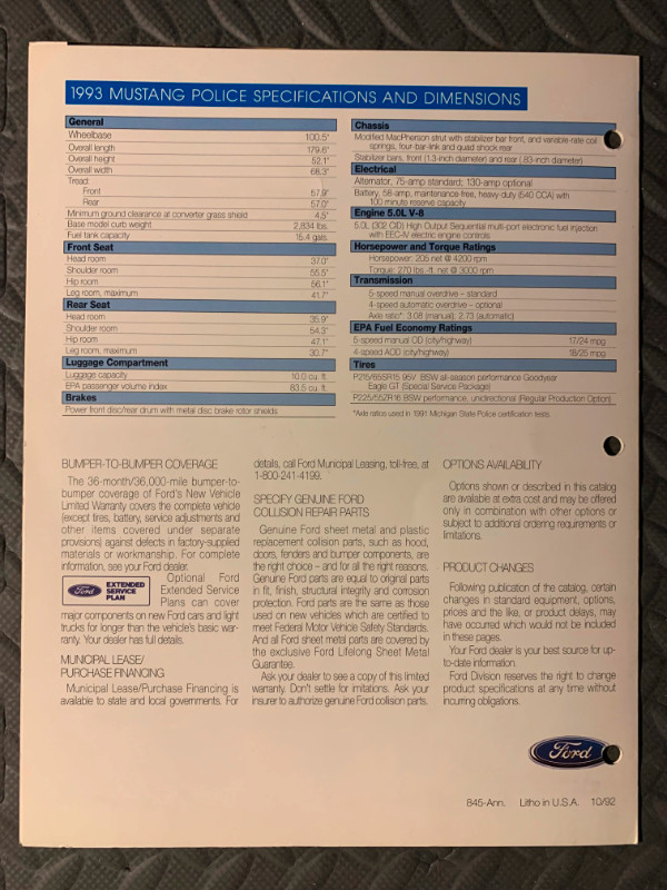 Original 1993 Ford Mustang Special Service Package Brochure in Arts & Collectibles in Mississauga / Peel Region - Image 3