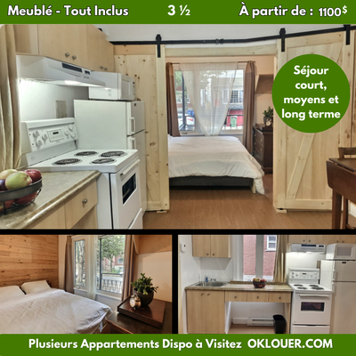 APPARTEMENT 3 1/2 Disponible à partir de 1100 $/mois Disponible pour des séjours de courte ou de moy...