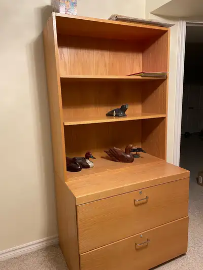 2-Piece Lateral Filing Cabinet with Bookshelf Hutch - Oak Finish, View more