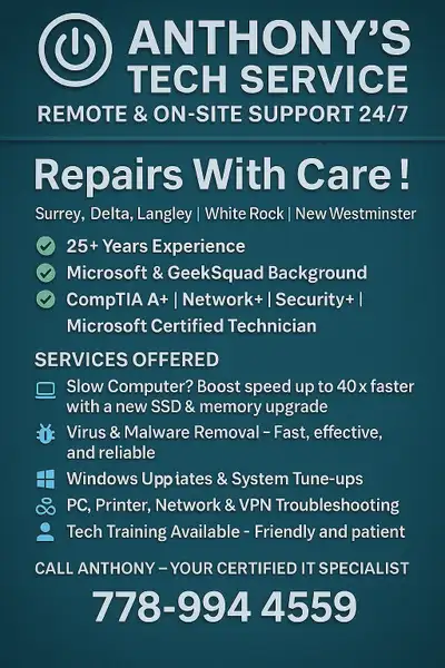 ️ ANTHONY'S TECH SERVICE ️ Remote & In-Home Computer Repairs – Available 24/7 "Repairs With Care!" S...