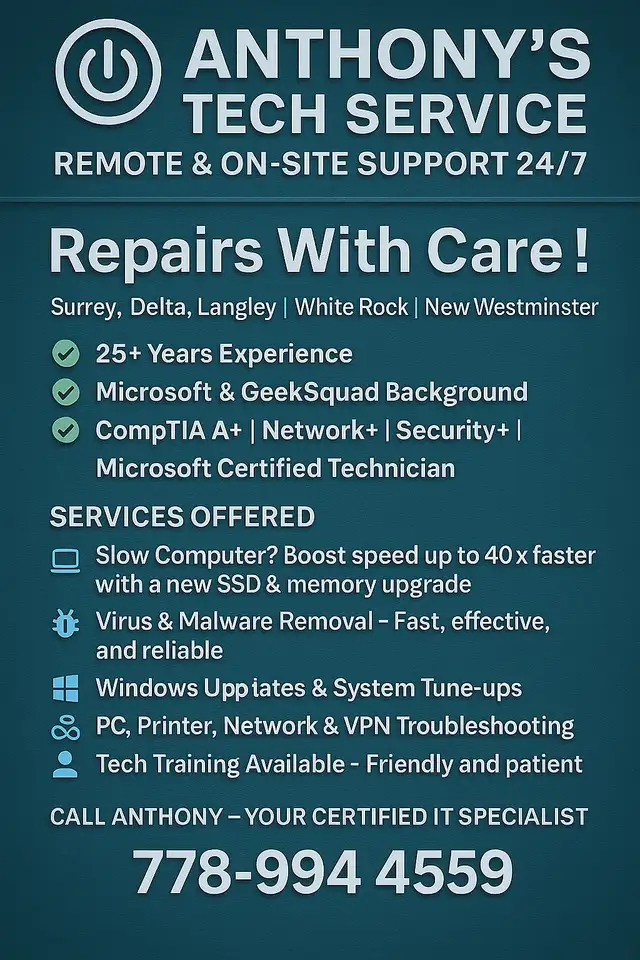 ANTHONY'S TECH SERVICE COMPUTER REPAIR REMOTE MOBILE 24/7 SERVIC in Desktop Computers in Delta/Surrey/Langley - Image 2