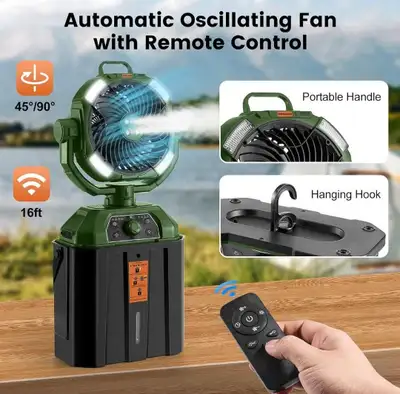 Odoland Portable Camping Fan with LED Light, 30000mAh Rechargeable Battery Operated Oscillating Fan...