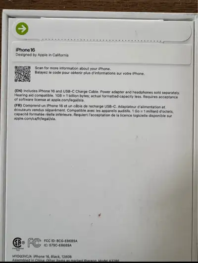 brand new in original box iPhone 16 storage 128gb. Gatineau & Ottawa pick up only. Just bought it re...