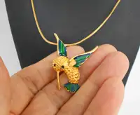 Hummingbird Necklace Gold Tone Enameled  750 Plated Snake Chain