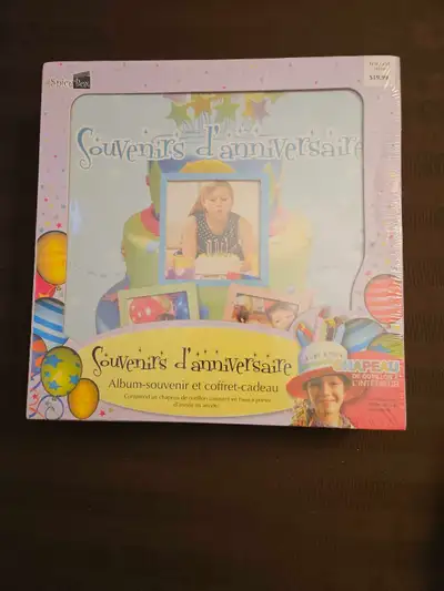 Priced to sell! Birthday memory box, album and hat (French) -$15, View more