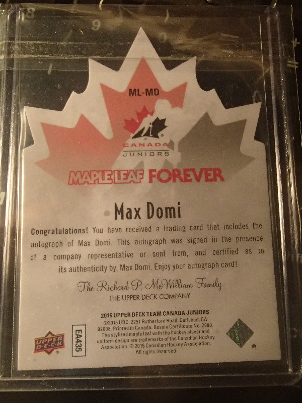 carte de hockey a vendre  Max Domi auto dans Art et objets de collection  à Laval/Rive Nord - Image 2