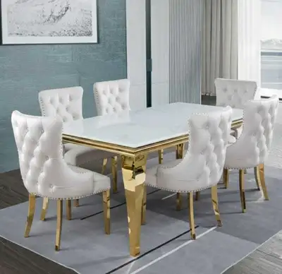 White Marble Dining Table Set with Gold Legs and Tufted Chairs, View more