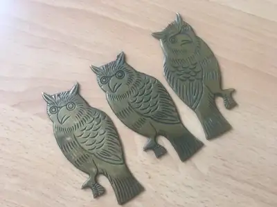 Three Vintage Hand Chiselled Brass Owls Cool, View more