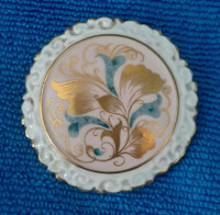 Vintage Coalport round china floral embossed & gilded brooch pin