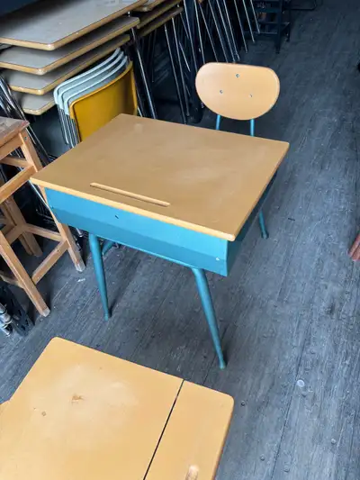 Vintage Mid-Century School Desk with Attached Chair, View more