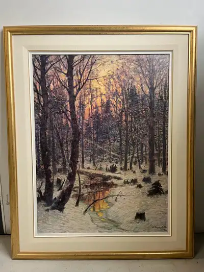 Cadre de 33 x 41 pouces d’une toile de Suzor-Coté entitulé Thaw- Athabaska 1915. Superbe reproductio...