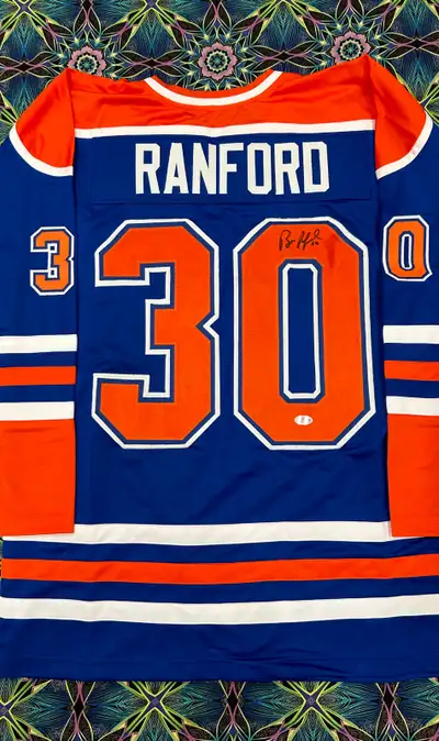 Bill Ranford signed fan created custom Edmonton Oilers home jersey. Beckett approved with a holograp...