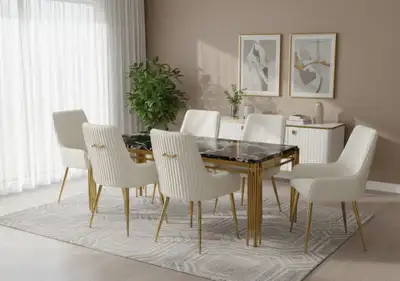 Black Marble Dining Table with 6 Cream Chairs, View more