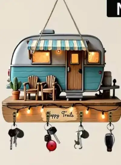 *NEW* 2-D FLAT WOODEN PANEL BLUE HAPPY TRAILS CAMPER KEYCHAIN HOLDER *SIZE IS 25 cm long / 19 cm hig...