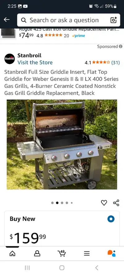 This is a Stanbroil Full Size Griddle Insert, Flat Top Griddle for Weber Genesis II & II LX 400 Seri...