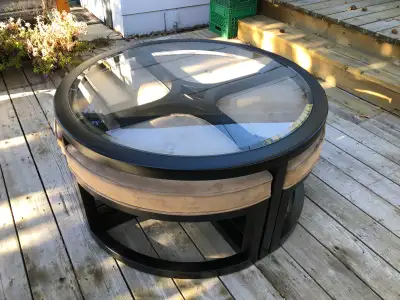 70s/80s style Glass top table with nesting stools. **VINTAGE**, View more