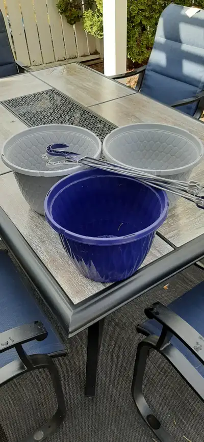3 10" hanging flower pots all cleaned two gray and one purple. Price is for all 3 no etransfer cash...