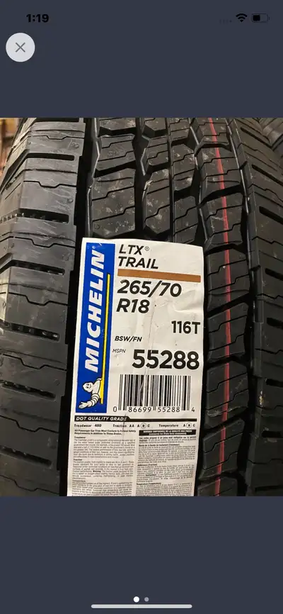 Michelin LTX Trail. 265/70/18. New tires. $1200. Taxes in. Phone or text 902-301-1905