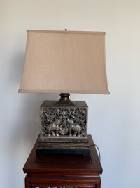 Bronze Rectangular Lamp With Elephant Motif - Tan Shade